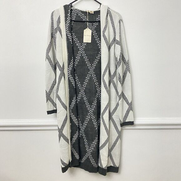 New Hem &Thread Womens Open Front Long Hooded Cardigan Gray White Size Small - Picture 2 of 12